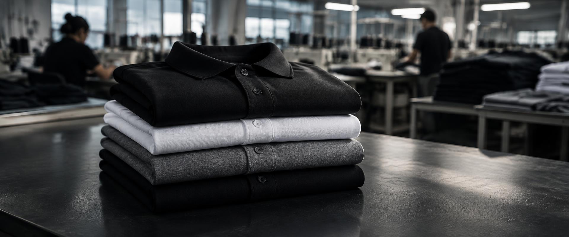 Camisas polo dobradas sobre bancada da fábrica